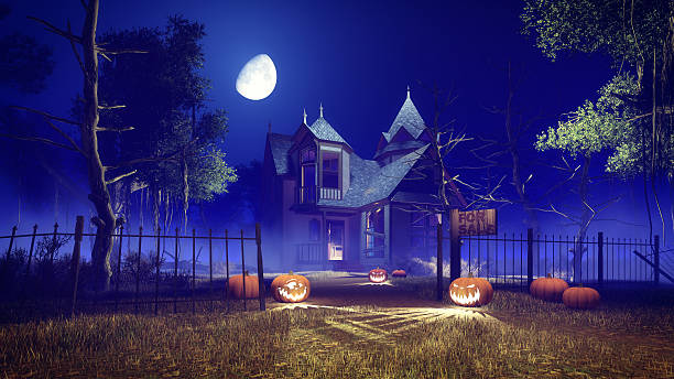 istock Spooky Halloween house at misty night 618184918