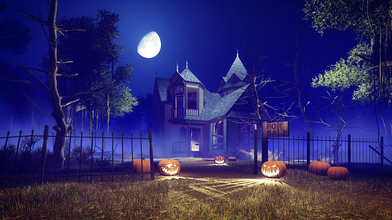 Jack-o-lantern Halloween pumpkins on the trail leading to abandoned haunted house among creepy trees at misty night with fantastic big moon in sky. 3D illustration was done from my own 3D rendering file.