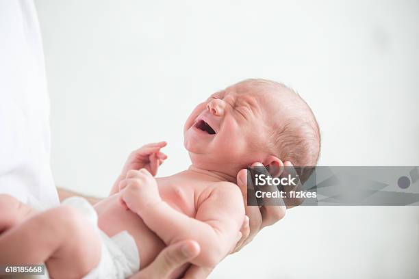 Portrait Of A Screaming Newborn Hold At Hands Stock Photo - Download Image Now - Baby - Human Age, Crying, Newborn