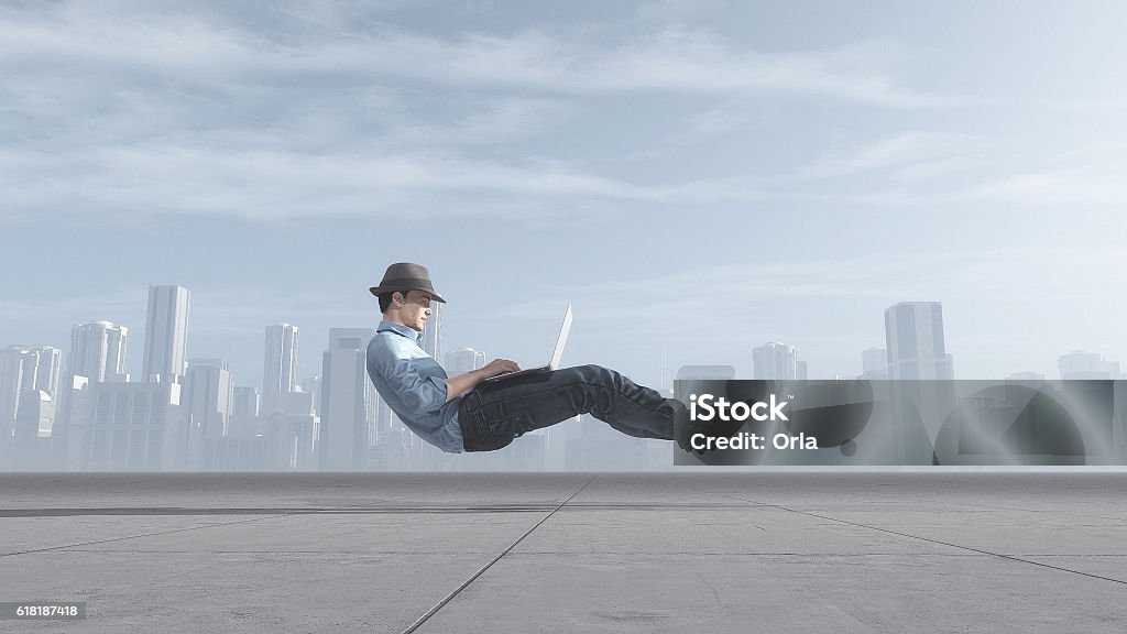 Fast levitating businessman Fast levitating businessman, on a road, using a laptop computer. This is a 3d render illustration Effortless Stock Photo
