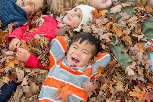 A multi-ethnic group of children are playing together in the leaves during the fall. Here they all lay smiling and laughing together while looking up.