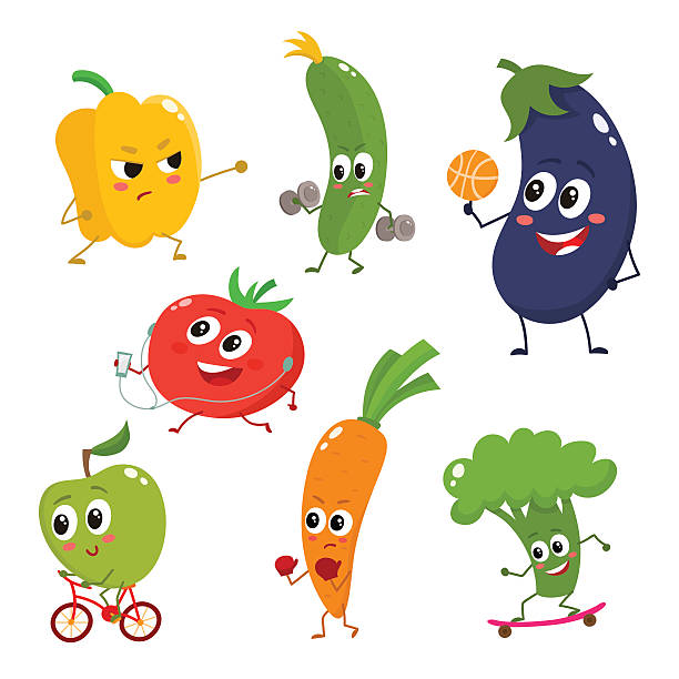 Set of funny cartoon vegetables doing sport Set of vegetables doing sport - bell pepper, cucumber, eggplant, tomato, apple, carrot, broccoli, cartoon vector illustration isolated on white background. Cute and focused vegetable characters cartoon human face eye stock illustrations