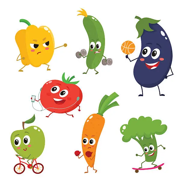 Vector illustration of Set of funny cartoon vegetables doing sport