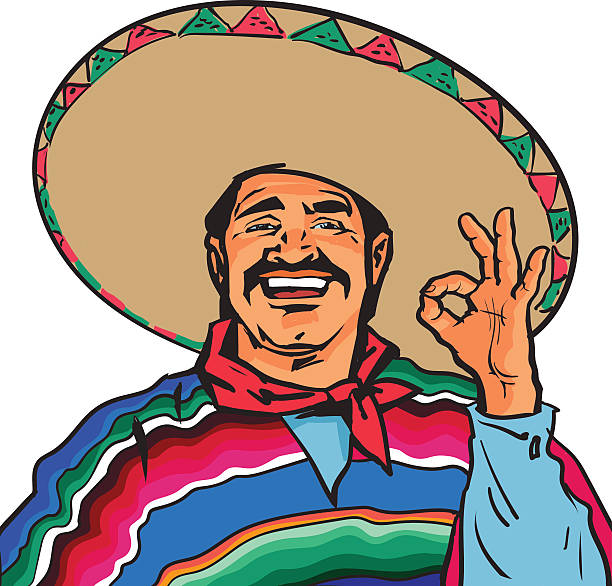 Smiling Mexican man in sombrero and poncho showing okey sign Half length portrait of smiling Mexican man in sombrero and poncho showing okey sign, sketch vector illustration isolated on white background. Colorful drawing of Mexican man in traditional clothes sombrero stock illustrations