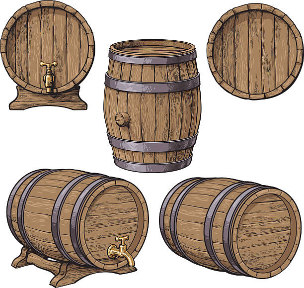 illustrazioni stock, clip art, cartoni animati e icone di tendenza di collezione di vino, rum, birra botti classiche di legno - barilotto