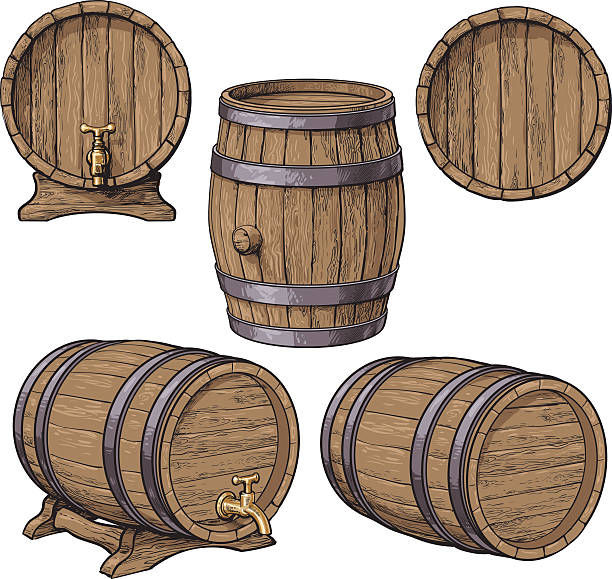 Collection of wine, rum, beer classical wooden barrels Set of wooden barrels, sketch style vector illustrations isolated on white background. Collection of standing and lying wine, rum, beer classical wooden barrels barrel stock illustrations