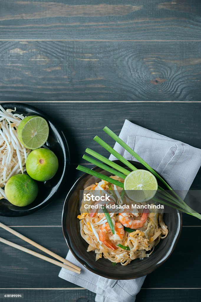 Pad Thai Thai food background Thai Fried Noodles "Pad Thai" with shrimp and vegetables. Thailand's national dishes Asia Stock Photo