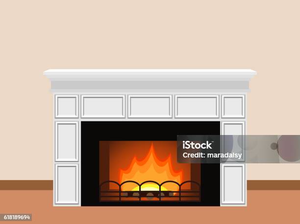 Fireplace With Firewood Stock Illustration - Download Image Now - Bonfire, Burning, Chimney