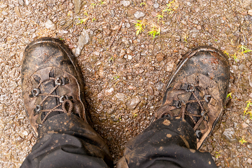 Hiking Boots with Mud on a Trail
