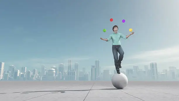 Man juggles the balls while he is balacing on a big ball over the city. This is a 3d render illustration