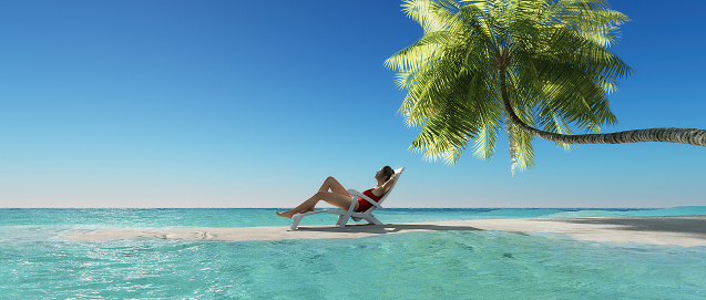 Young woman relaxing in a sunbed at the beach. This is a 3d render illustration