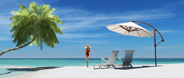 Beautiful women enjoy the sunny weather on a tropical beach near a palm tree and two sunbeds . This is a 3d render illustration
