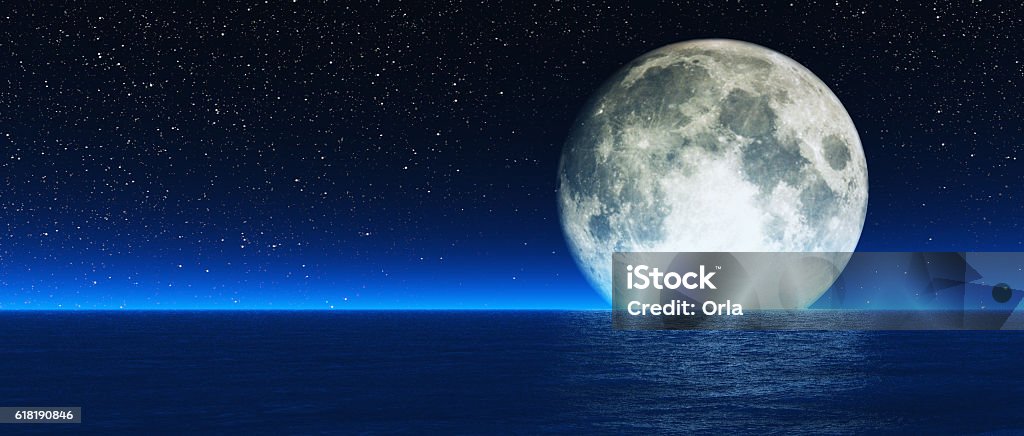Rising moon over sea. Blue moon with stars and haze reflections from wavy water. This is a 3d render illustration Moon Surface Stock Photo