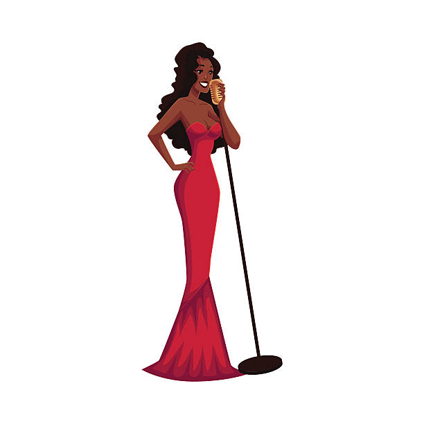 illustrations, cliparts, dessins animés et icônes de chanteuse afro-américaine glamour en robe de soirée chic - full song