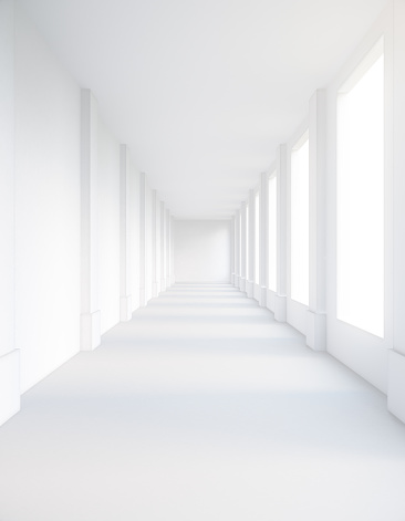 Empty white corridor interior with daylight. 3D Rendering