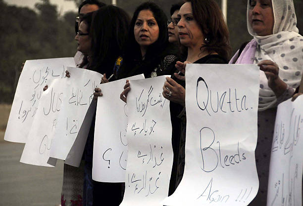 Protest against attack on Quetta police training college stock photo