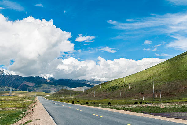 istock asphalt highway under blue cloudy sky with grassland 618192348