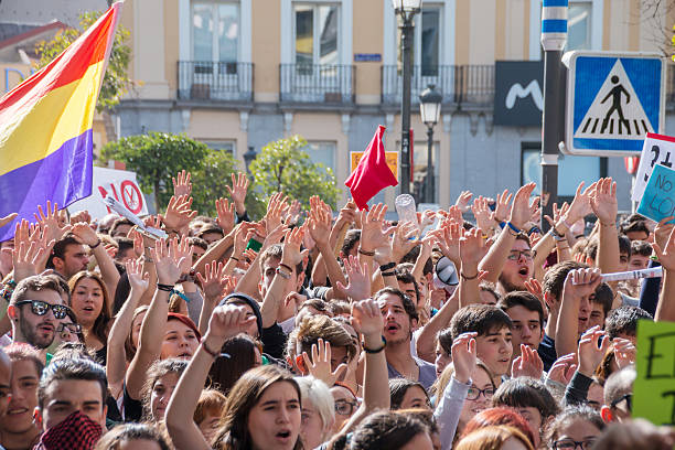 Madrid, Spain - October 26, 2016 - Students keeping hands up at protest against education politics in Madrid