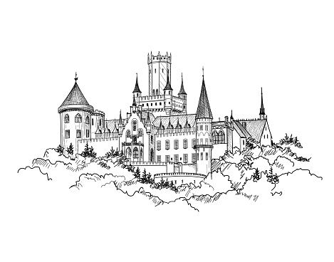 Famous Castle in Germany. Castle building with tower engraving landscape. Hand drawn sketch vector illustration.