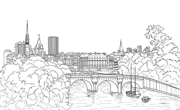 Vector illustration of Riverside street view in old city. Paris cityscape view: river, bridge