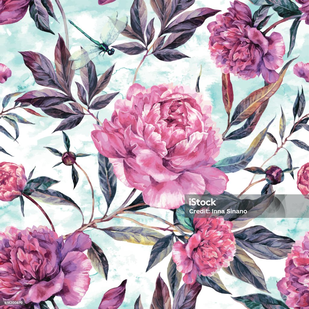 Watercolor seamless pattern of pink peonies and green leaves. Watercolor seamless sophisticated pattern made of pink peonies, buds, green leaves and dragonflies isolated on grunge background. Botanical illustration in trendy vintage style. Shabby chic design floral decoration. Textile, wrapping paper, wallpaper floral print. Flower stock vector