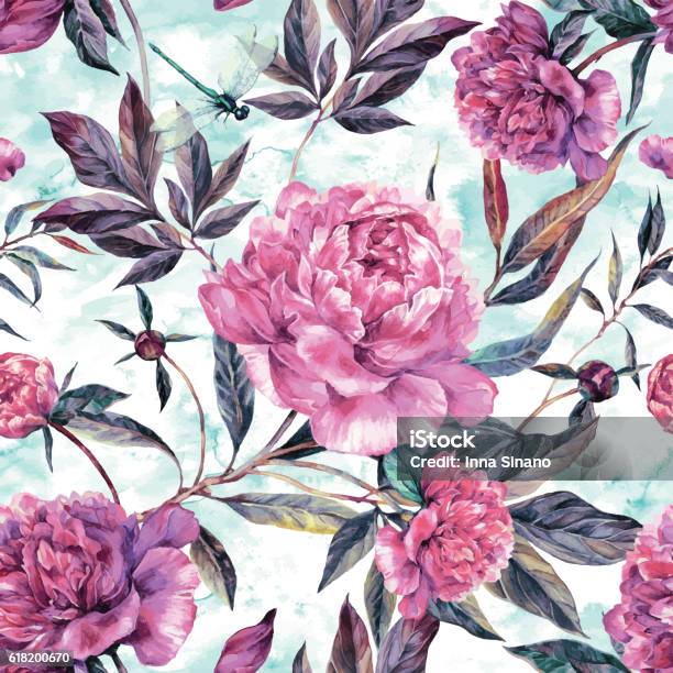 Watercolor Seamless Pattern Of Pink Peonies And Green Leaves Stock Illustration - Download Image Now