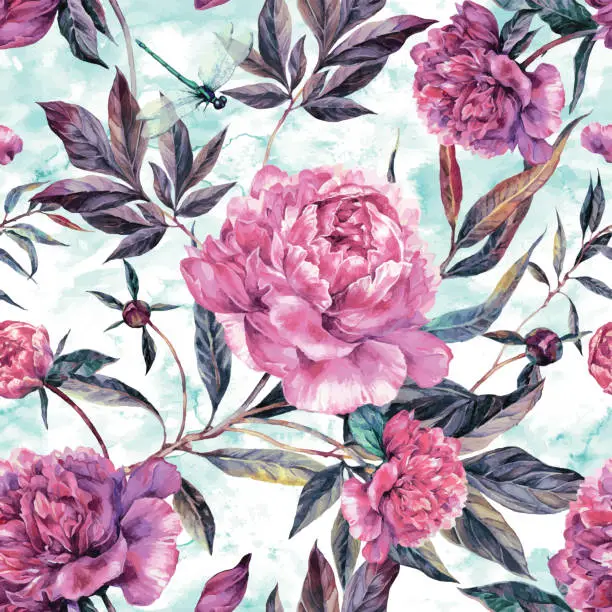 Vector illustration of Watercolor seamless pattern of pink peonies and green leaves.