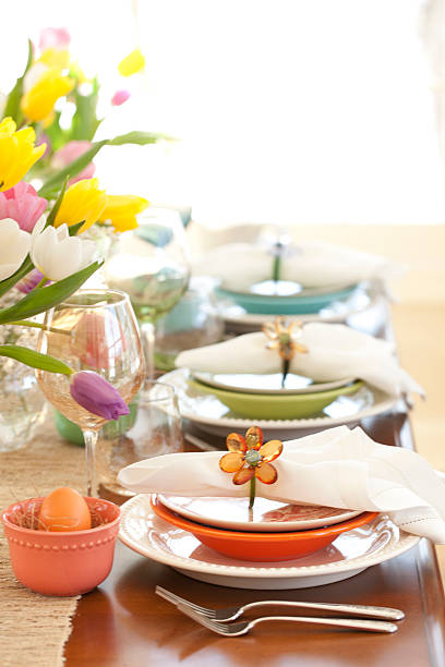 istock Easter Elegant Place Setting Dining Table with Vase of Tulips 618201650