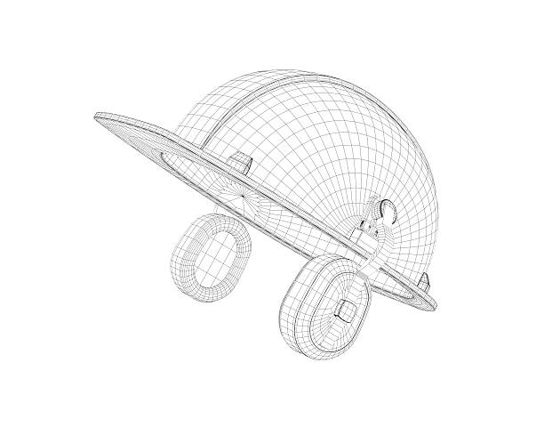 3d wireframe of a safety helmet with earphones isolated on the white background. Building and construction. 3d modeling. Uniform and equipment.