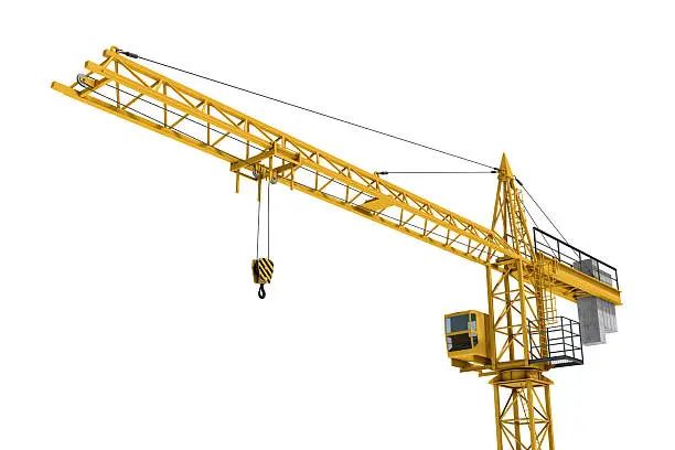 3D rendering of a yellow construction crane isolated on a white background. Construction. Tower crane. Modern form of balance crane. Type of machine equipped with a hoist rope, wire ropes or chains, and sheaves.