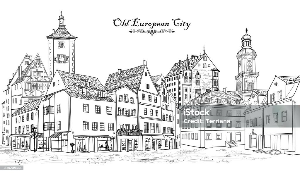 Straßenansicht. Europäischer Stadtplatz: Café, Geschäfte, Turm, Gebäude. Stadtbild - Lizenzfrei Stadt Vektorgrafik