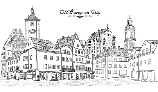 Street with old buildings and cafe in old city. Cityscape - houses, buildings and tree on alleyway. Old city view. Medieval european castle landscape. Urban landscape illustration. Pencil drawn vector sketch