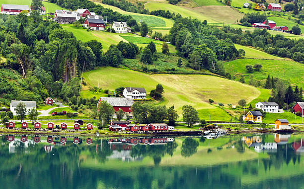 Norway - green village Olden in Norwegian fjords stock photo