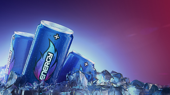 Can of Energy drink pass through Ice Cubes. 3d rendering