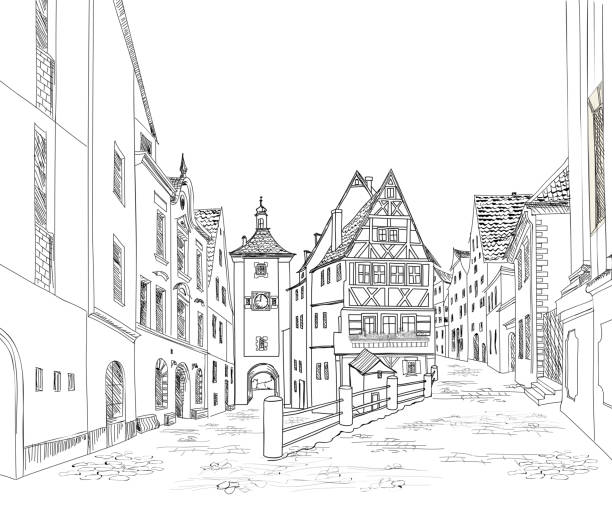 Street view. City road. Urban landscape. Cityscape sketch Street with old buildings and cafe in old city. Cityscape - houses, buildings and tree on alleyway. Old city view. Medieval european castle landscape. Urban landscape illustration. Pencil drawn vector sketch timber framed stock illustrations