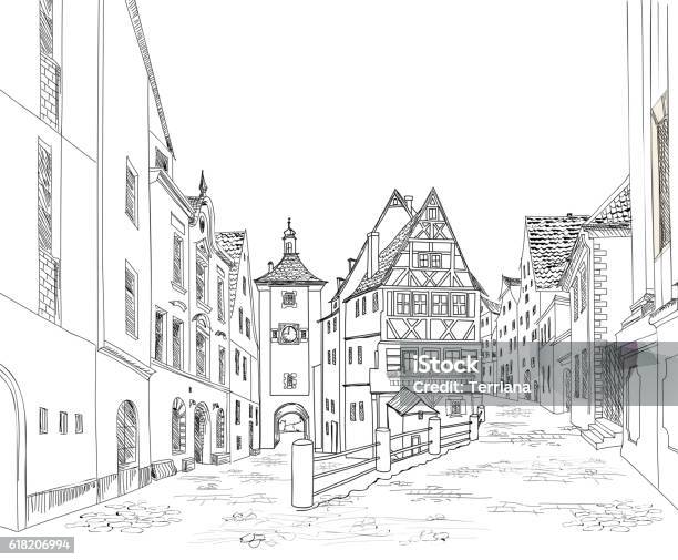 Street View City Road Urban Landscape Cityscape Sketch Stock Illustration - Download Image Now