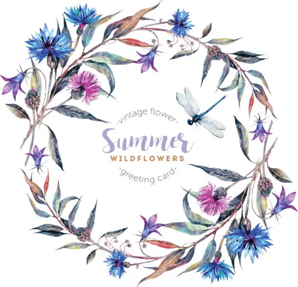 Vector illustration of Watercolor wreath made of wildflowers.