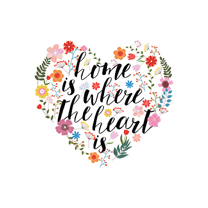 Home is the where heart is - hand drawn vector text on floral background with isolated flowers.