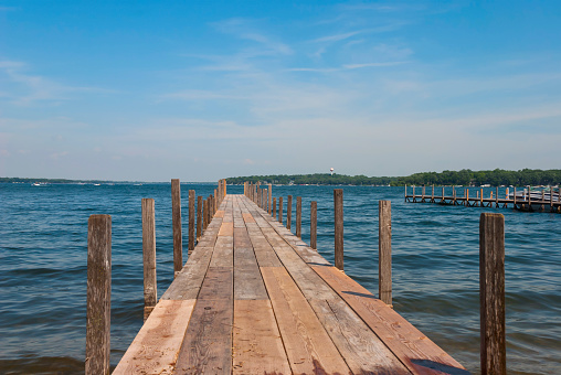 Pier on Lake Spirit at bright summer day, Arnolds Park, Iowa, USA