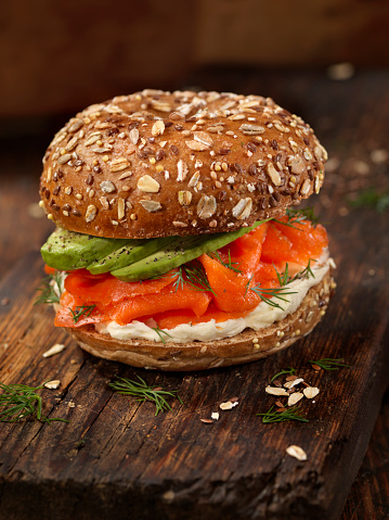 Smoked Salmon Bagel with Cream Cheese and Avocado -Photographed on Hasselblad H3D2-39mb Camera