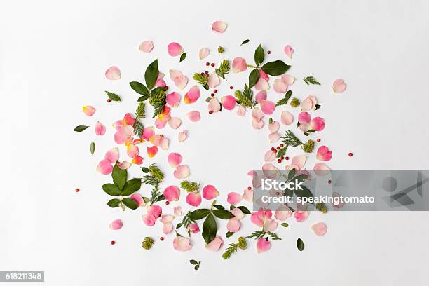 Floral Round Frame With Rose Petals And Leaves On White Stock Photo - Download Image Now