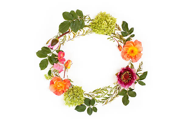 istock Floral round crown (wreath) with flowers and leaves. Flat lay 618211482