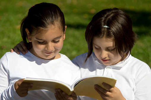 Students reading a book at the schoolyard