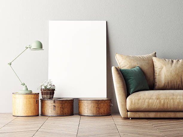 Mock up poster, interior composition, sofa, lamp and white poster