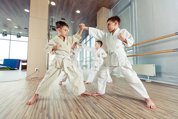 young, beautiful, successful multi ethical kids in karate positi