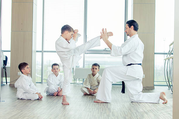 young, beautiful, successful multi ethical kids in karate positi