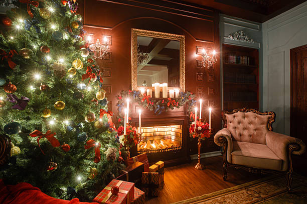 istock Christmas evening by candlelight. classic apartments with a white fireplace 618214628