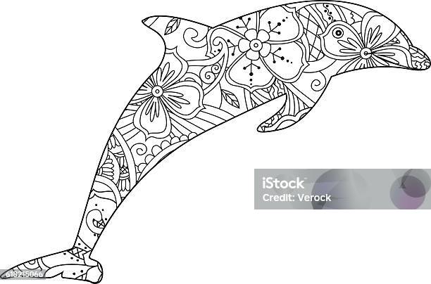 Coloring Page With Dolphin Isolated On White Background Stock Illustration - Download Image Now