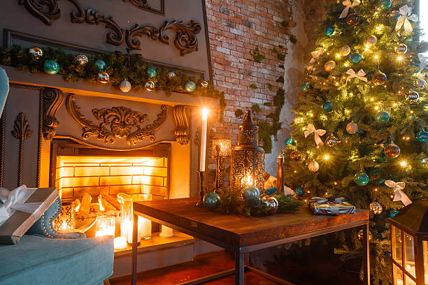 istock Christmas evening by candlelight. classic apartments with a white fireplace 618215118