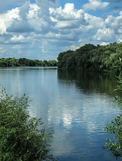 istock Natural river landscape with trees and white fluffy clouds 618215268
